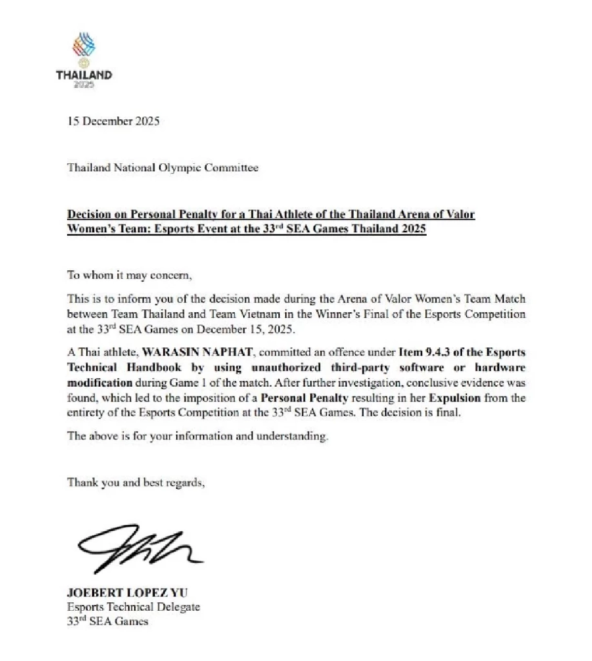 เปิดวาร์ป "Tokyogurl" นักแข่ง RoV สาเหตุถูกตัดสิทธิ์ซีเกมส์ 2025