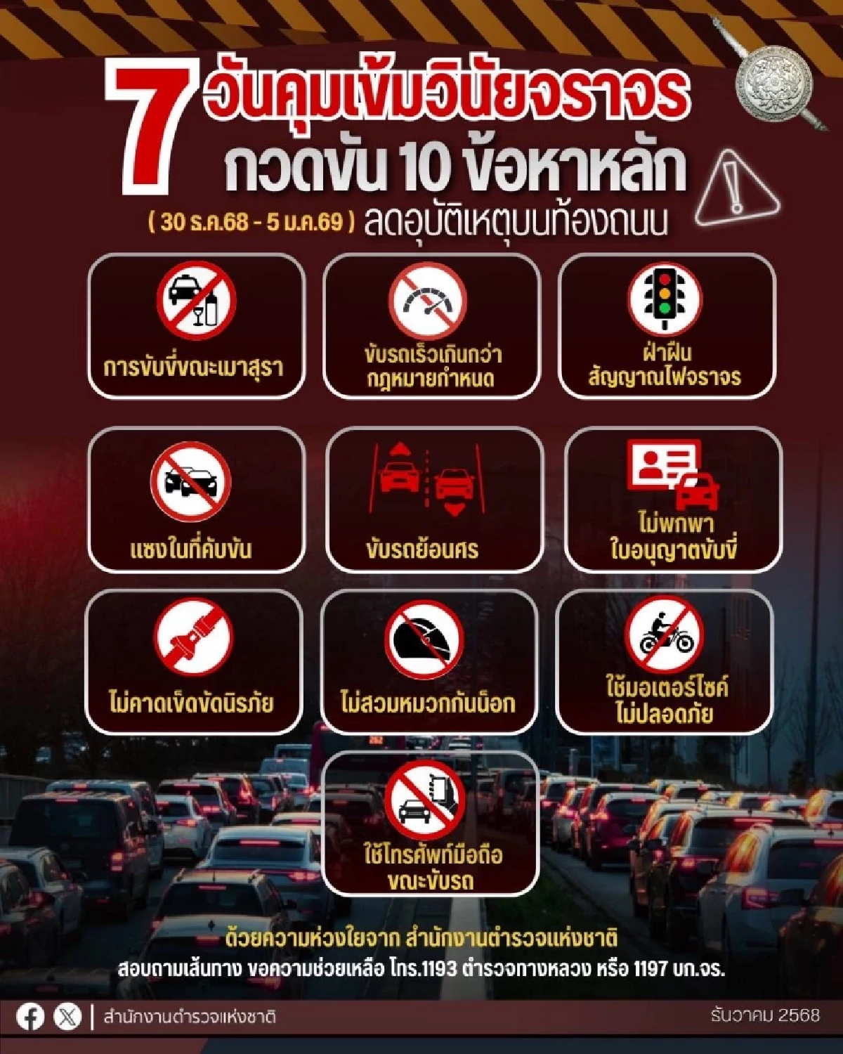 เริ่มแล้ว ตำรวจคุมเข้ม 7 วัน เปิด 10 ข้อหาหลัก กวดขันวินัยจราจร