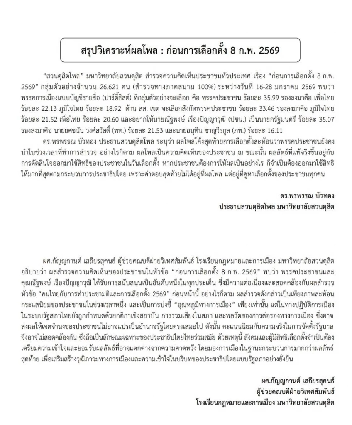 เปิดผลสำรวจ "นิด้าโพล" และ "สวนดุสิตโพล" ก่อนการเลือกตั้ง 8 ก.พ. 2569