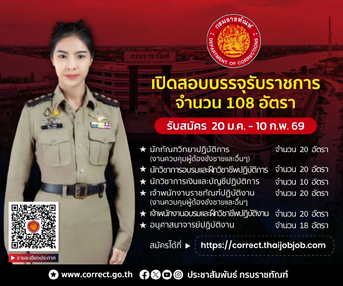 กรมราชทัณฑ์ เปิดรับสมัครสอบบรรจุเข้ารับราชการ 108 อัตรา รายละเอียดมีอะไรบ้าง