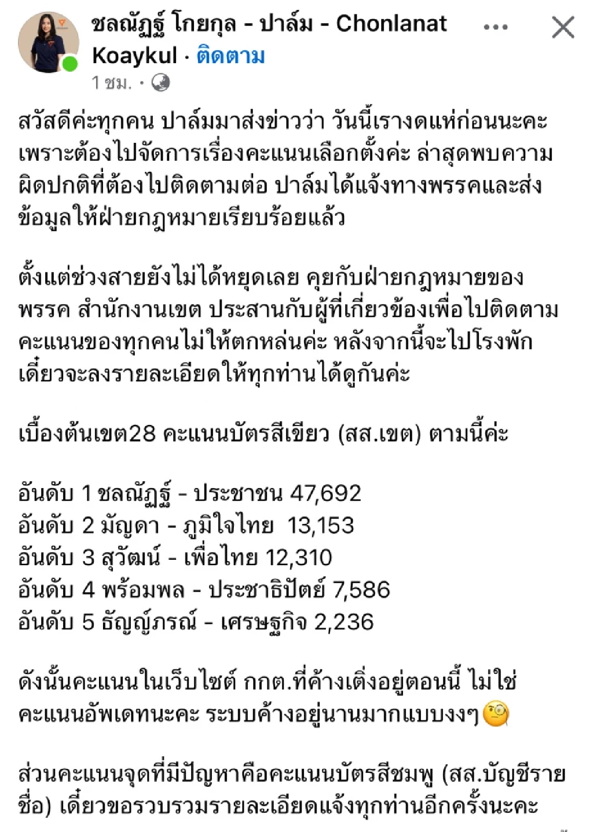 เพียบ! "ปาล์ม ชลณัฏฐ์" พรรคประชาชน เปิดรายชื่อจังหวัด-ตัวเลข เลือกตั้ง 2569 ที่มีปัญหา