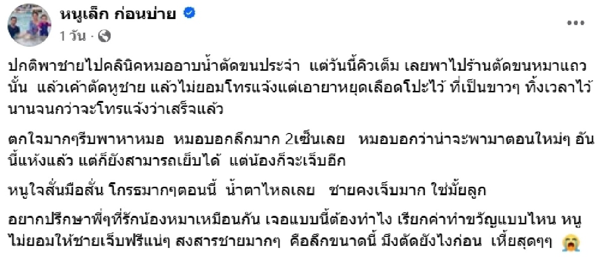 โกรธตัวสั่น ‘หนูเล็ก ก่อนบ่าย’  ร้านตัดขนทำชุ่ย ตัดหูลูกรักขาดลึก 2 เซน