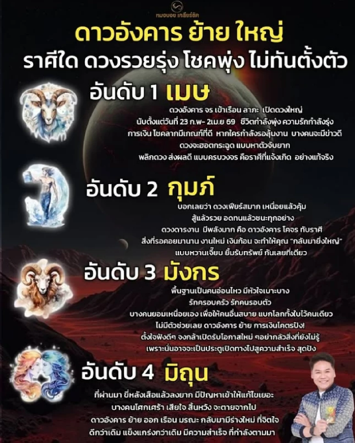 '4 ราศี' โชคพุ่งแรงไม่ทันตั้งตัว 23 ก.พ. ดาวอังคารย้ายใหญ่สะเทือนดวง!