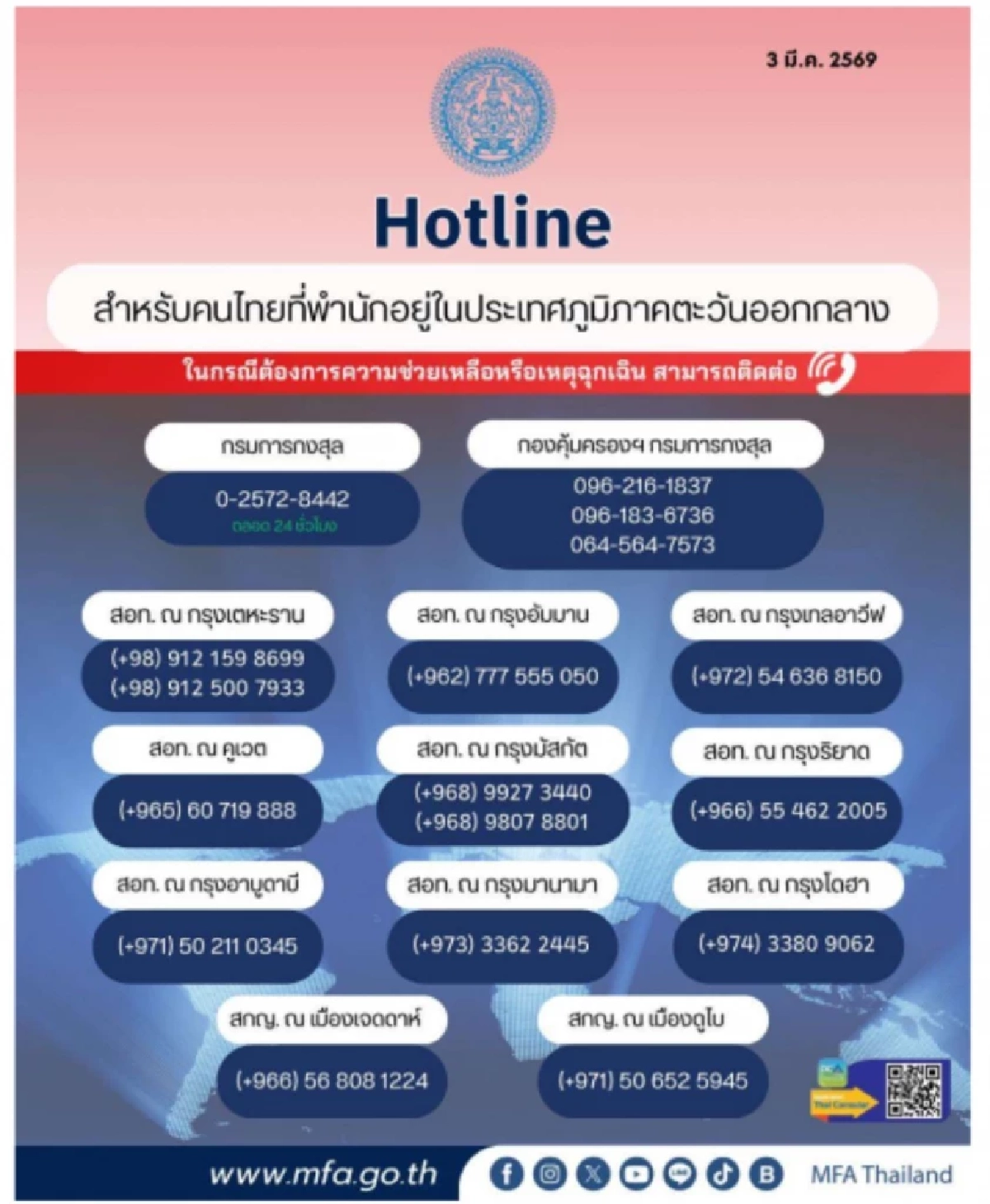 เซฟด่วน! เบอร์ฮอตไลน์ ช่วยเหลือฉุกเฉินคนไทยในตะวันออกกลาง