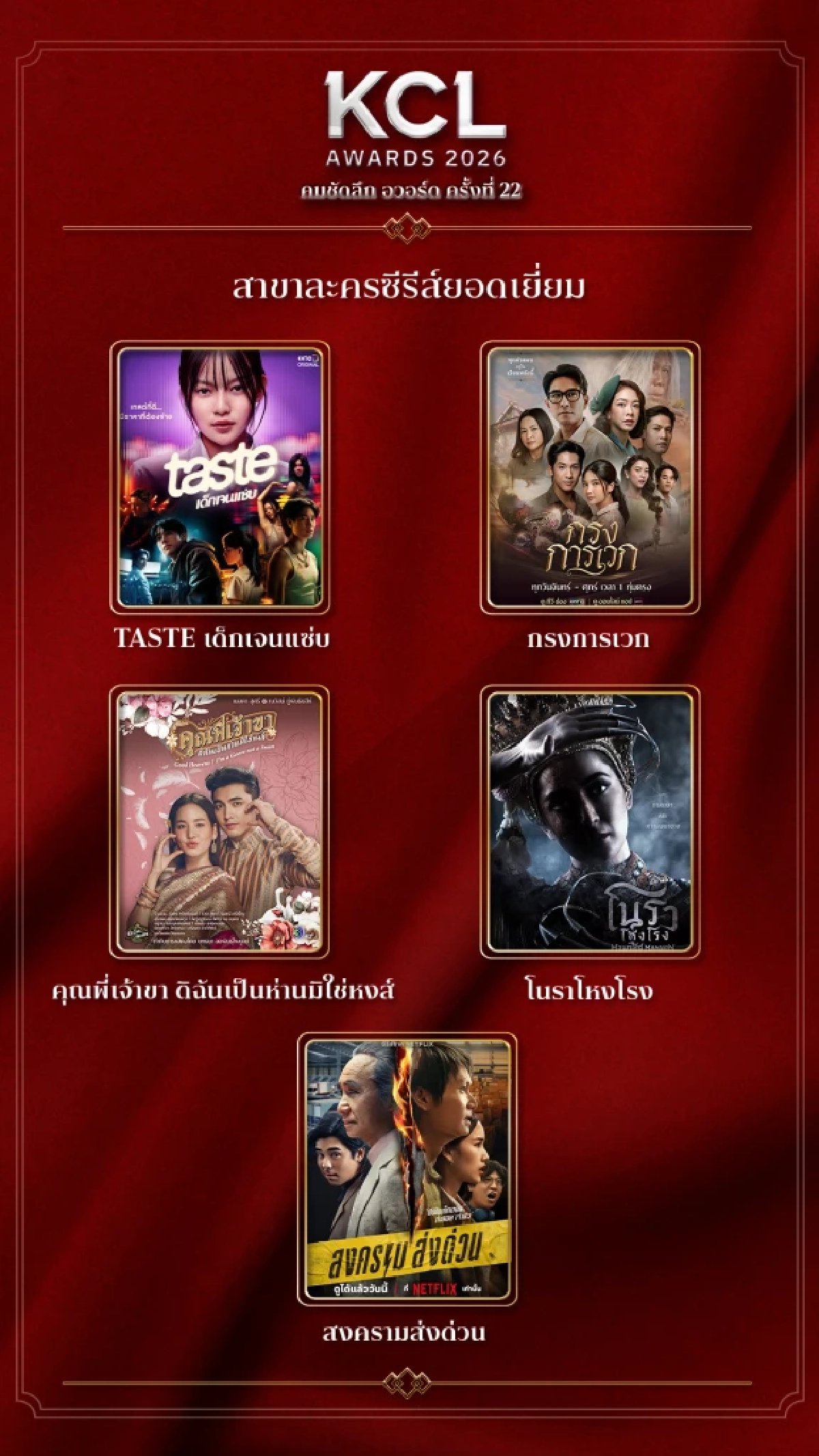 รายชื่อผู้เข้าชิง คมชัดลึกอวอร์ด 2026 สาขา "ละครซีรีส์ยอดเยี่ยม" ทั้งหมด 8 สาขา