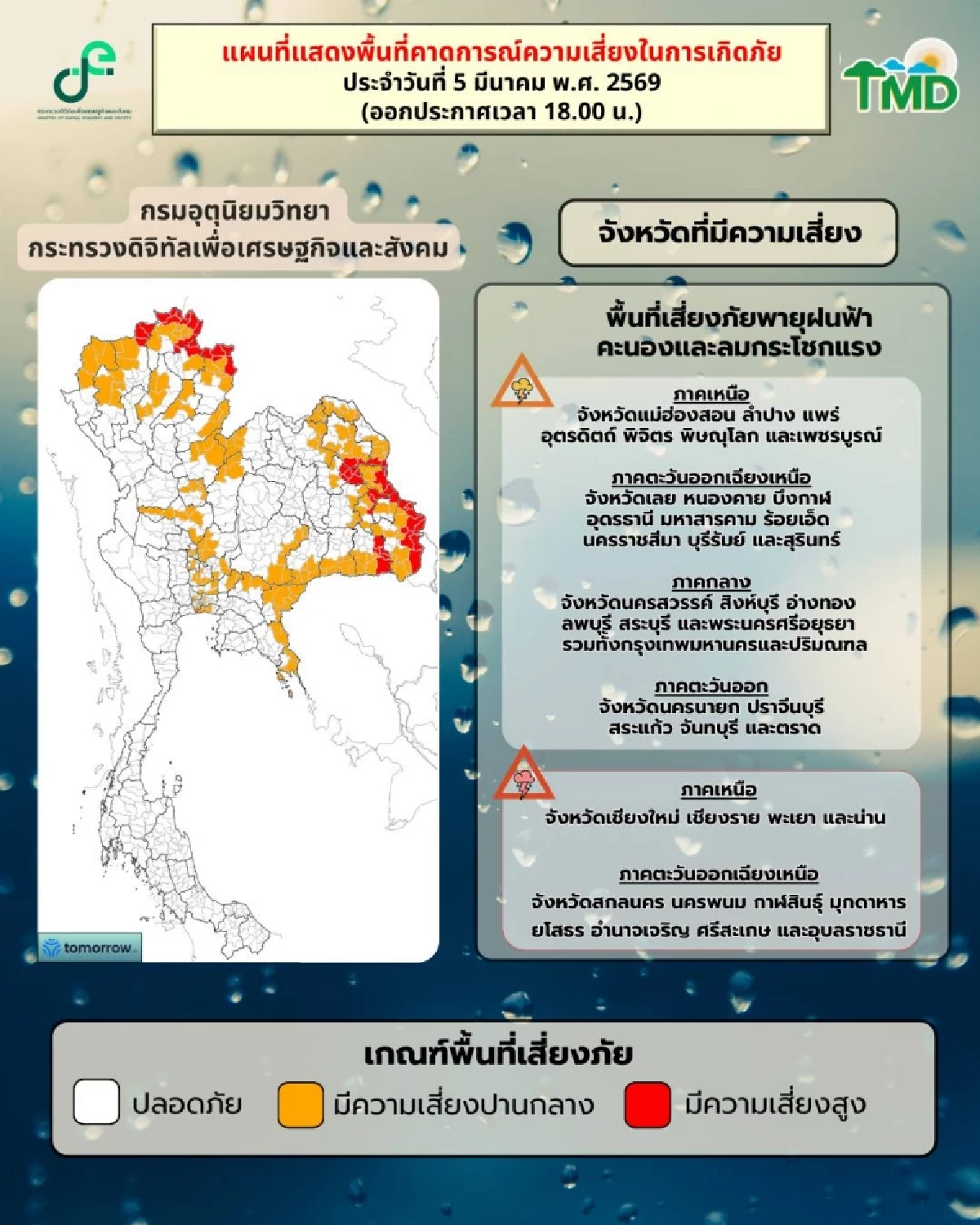 กรมอุตุฯ เปิดพิกัดล่าสุด พื้นที่เสี่ยงภัย "พายุฤดูร้อน" วันนี้ (5 มี.ค. 69)