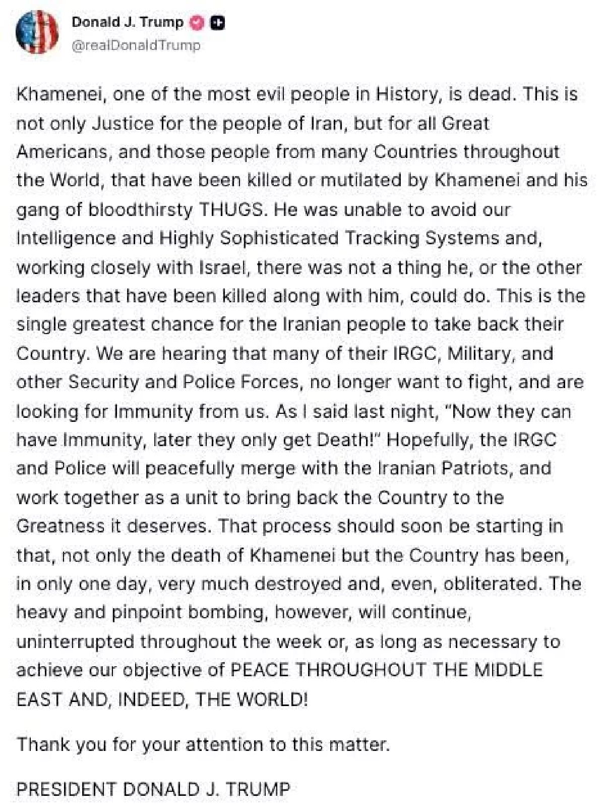 ทรัมป์ ยืนยันสังหาร "คาเมเนอี" สำเร็จ หลังปฏิบัติการสหรัฐฯ-อิสราเอล