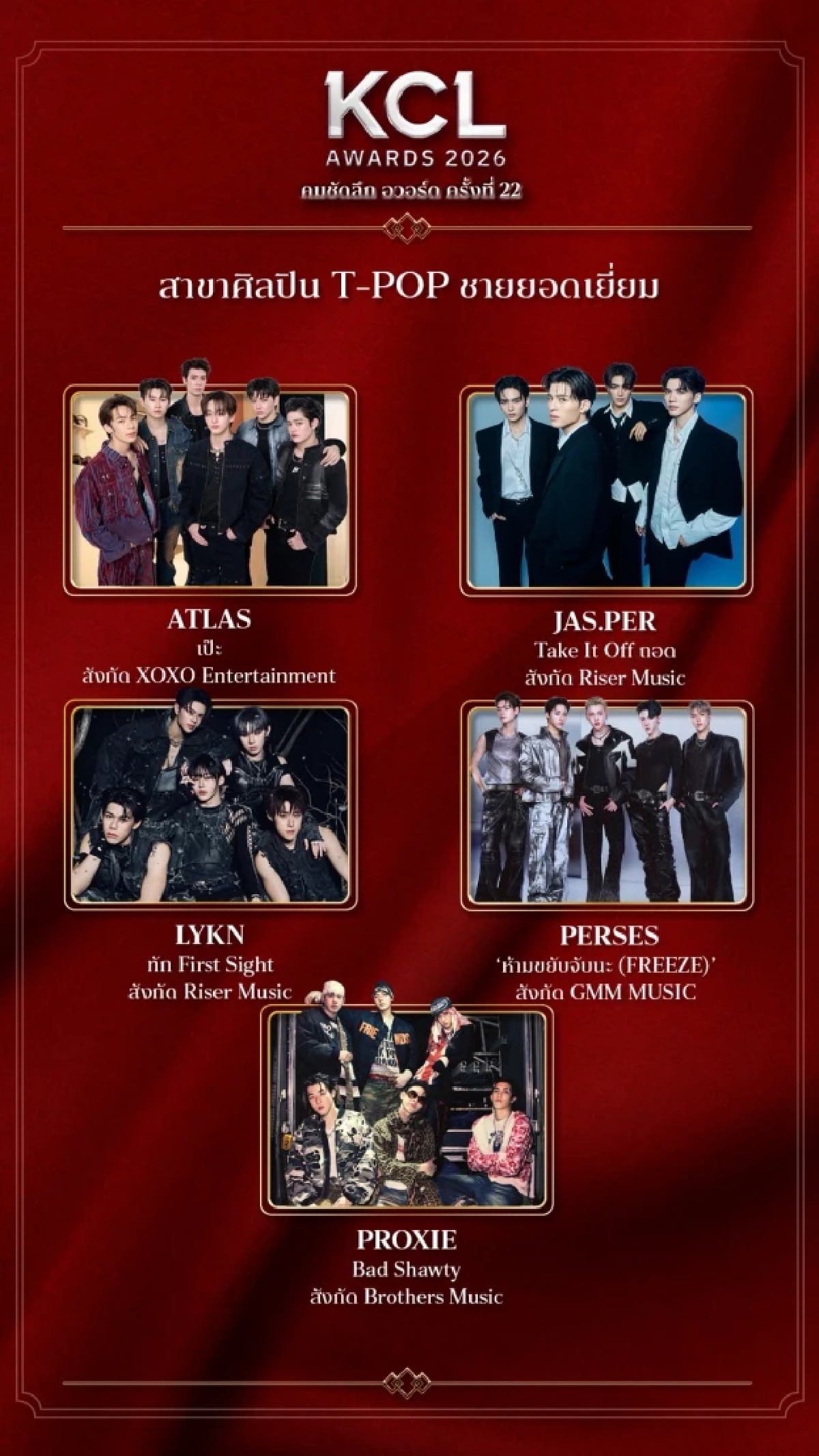 เปิดโผรายชื่อผู้เข้าชิง "สาขาศิลปิน T-POP ชายยอดเยี่ยม" คมชัดลึกอวอร์ดครั้งที่ 22