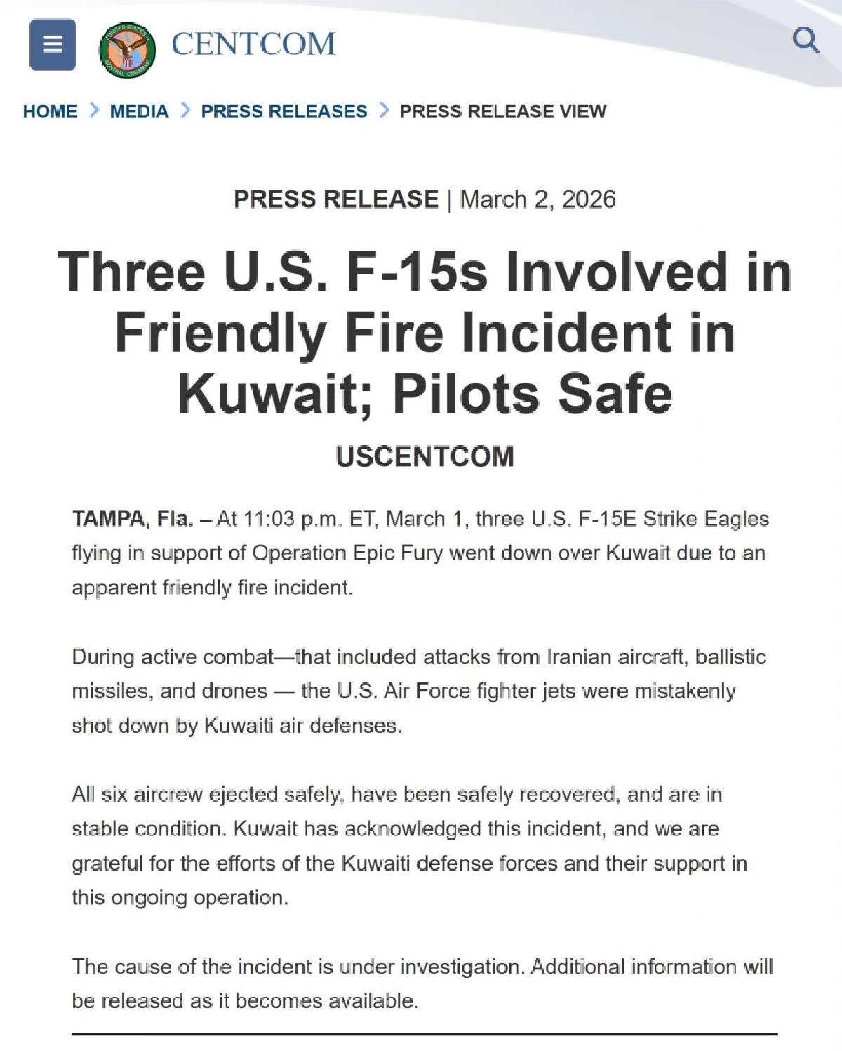 ยิงกันเอง! ทัพสหรัฐฯ ยอมรับ F-15E ตก 3 ลำ เกิดจากระบบป้องกันภัย ของคูเวต