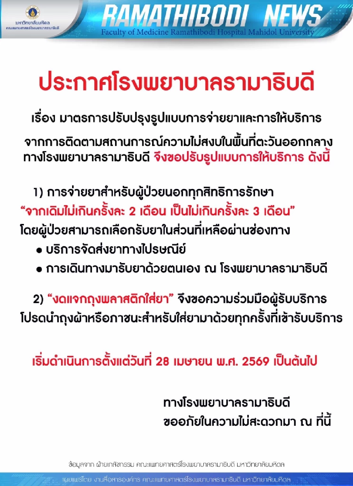 สงครามพลังงานทำพิษ! รพ.รามาฯ ประกาศ ปรับการจ่ายยา-งดแจกถุงพลาสติก