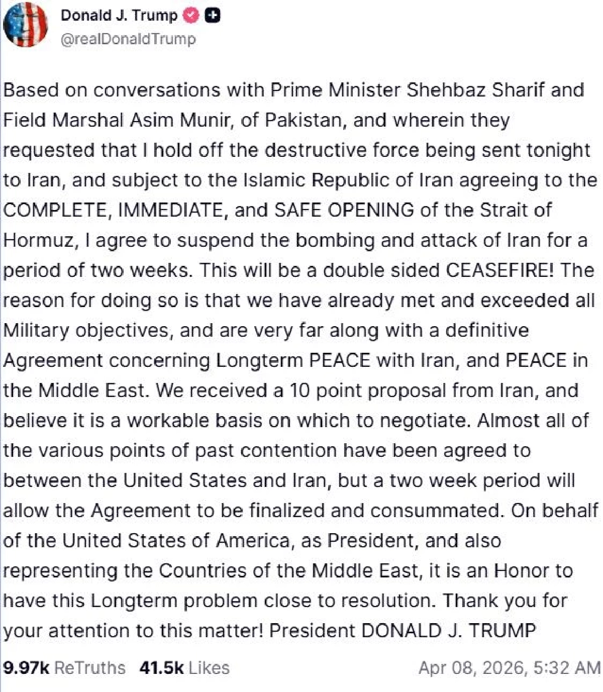ทรัมป์ ประกาศหยุดโจมตี 2 สัปดาห์ ภายใต้เงื่อนไขต้องเปิดช่องแคบฮอร์มุซ