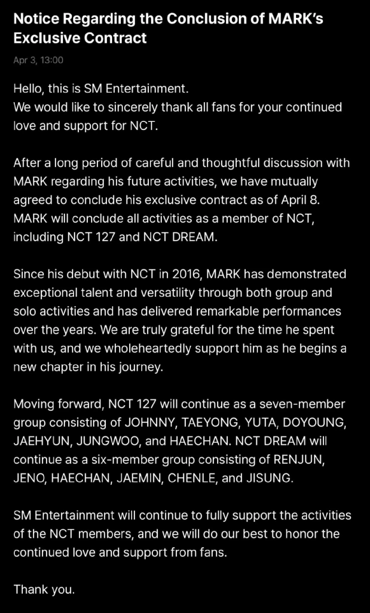 ช็อกแฟนคลับทั่วโลก! “มาร์ค NCT” สิ้นสุดสัญญา SM แล้ว มีผล 8 เม.ย.69