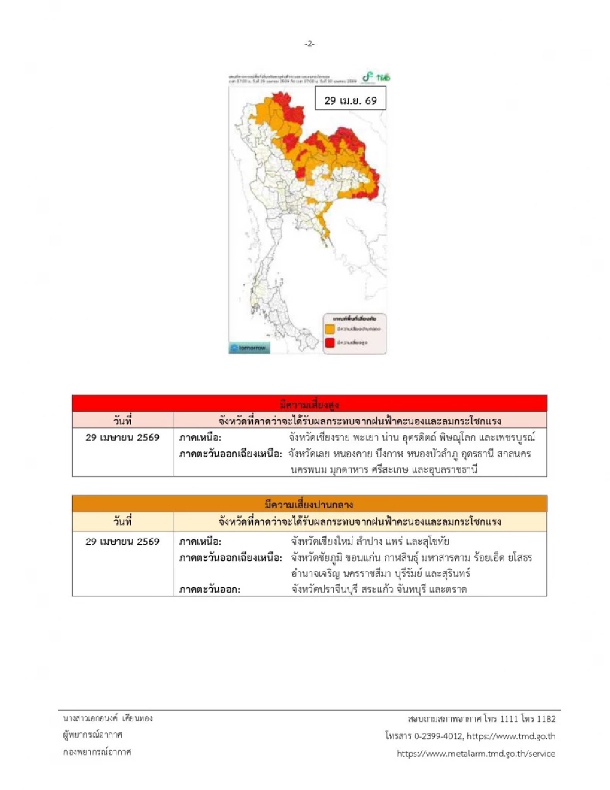 กรมอุตุฯ เตือนล่าสุด เปิดรายชื่อจังหวัด เสี่ยงพายุฤดูร้อน 29 เม.ย. - 1 พ.ค. 69