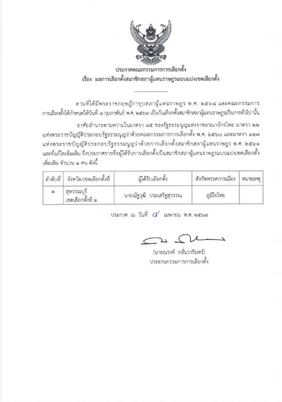 กกต. รับรองผลการเลือกตั้ง เขต 2 สุพรรณบุรี สภาฯ สส.ครบ 500 คน