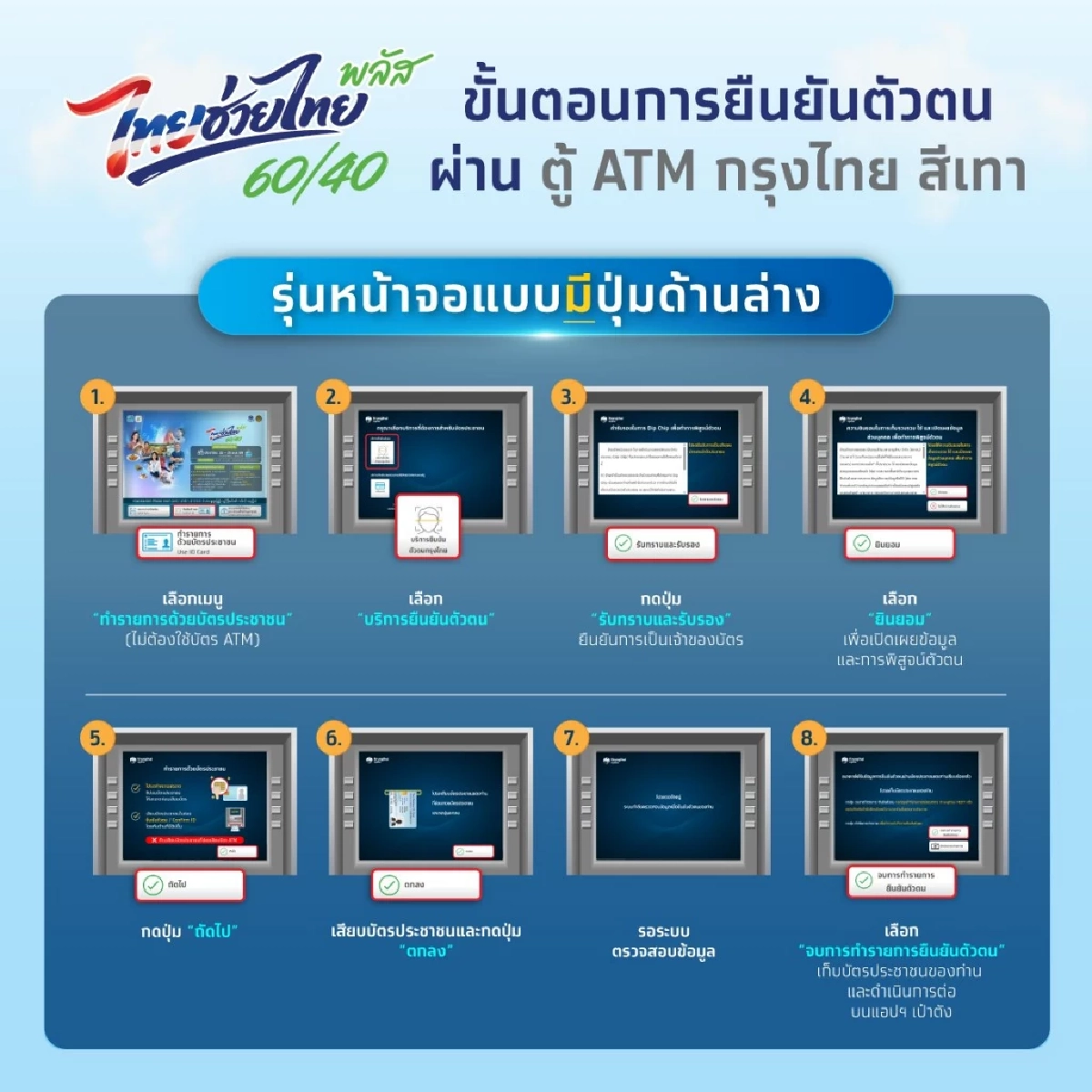 วิธียืนยันตัวตน "ไทยช่วยไทย พลัส" ที่ตู้ ATM สีเทา ธนาคารกรุงไทย