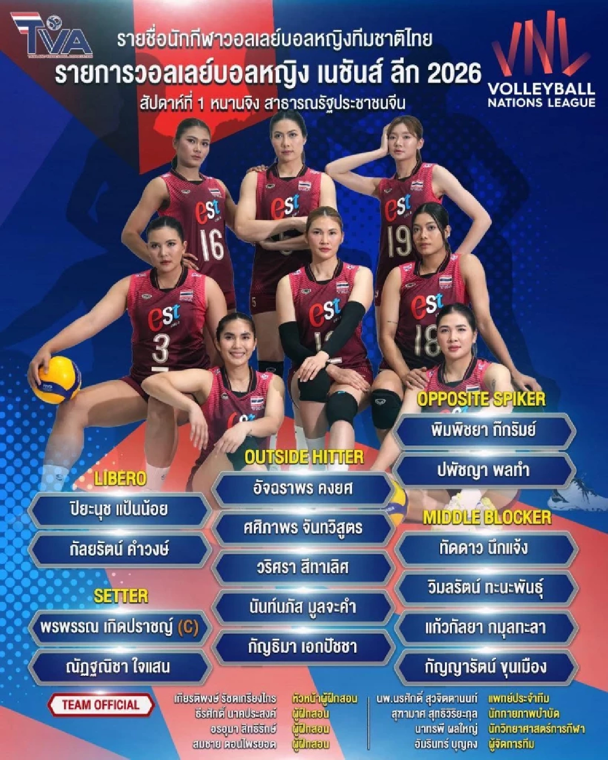 ประกาศรายชื่อ 15 นักตบลูกยางสาวไทย ลุยศึก VNL 2026 สัปดาห์ที่ 1