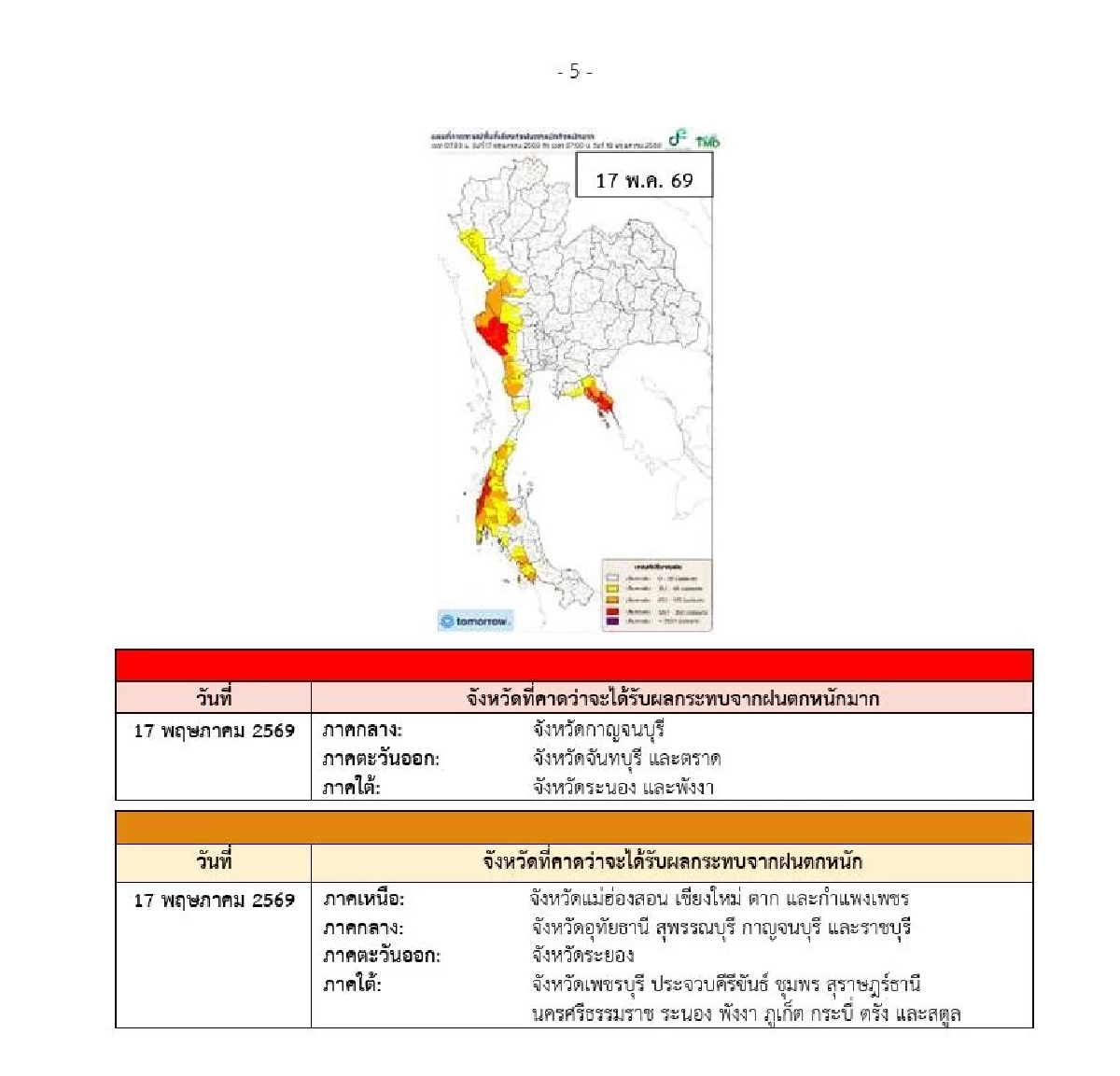 กรมอุตุฯ ประกาศฉบับ 2 เปิดรายชื่อจังหวัด เสี่ยงฝนตกหนัก 14-18 พ.ค. 69