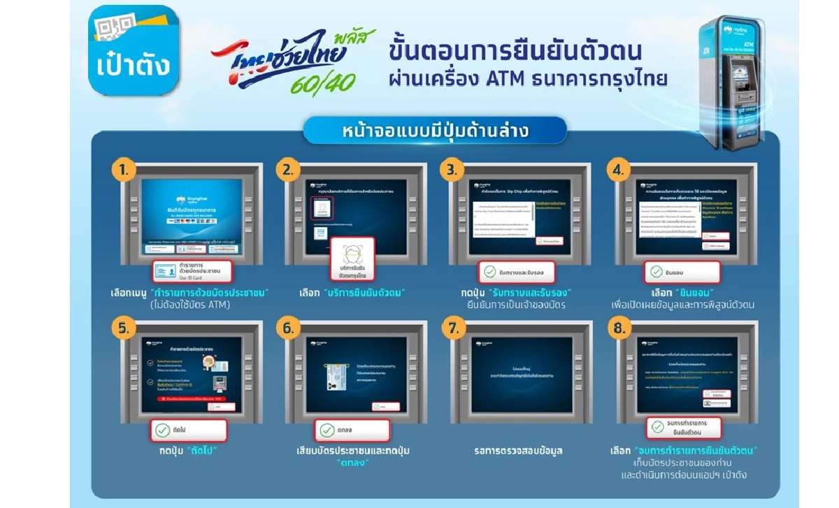 วิธียืนยันตัวตน "ไทยช่วยไทย พลัส" ที่ตู้ ATM สีเทา ธนาคารกรุงไทย