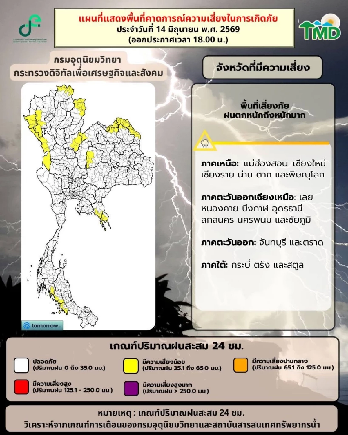 สภาพอากาศวันนี้ 14 มิ.ย. 69 กรมอุตุฯ เปิดพิกัด ฝนฟ้าคะนอง 40-60%
