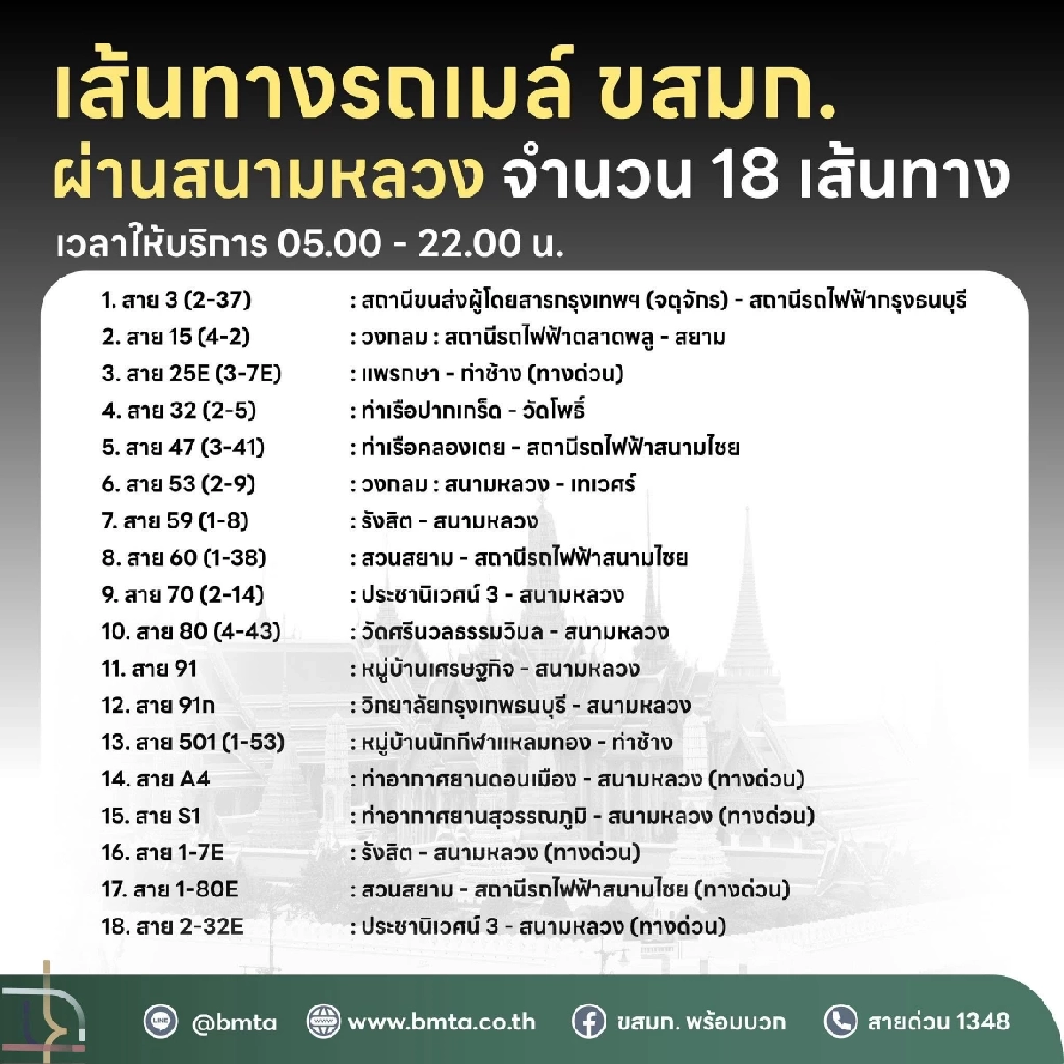 ขสมก. จัดรถ Shuttle Bus ให้บริการฟรี จำนวน 6 เส้นทาง สู่สนามหลวง