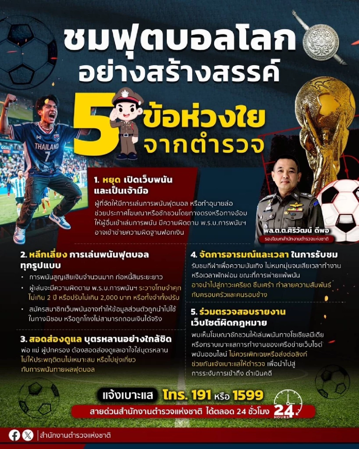 เปิด 5 ข้อเตือนภัย สตช. เข้มบอลโลก2026 เตือนสติคอบอลอย่าริลอง