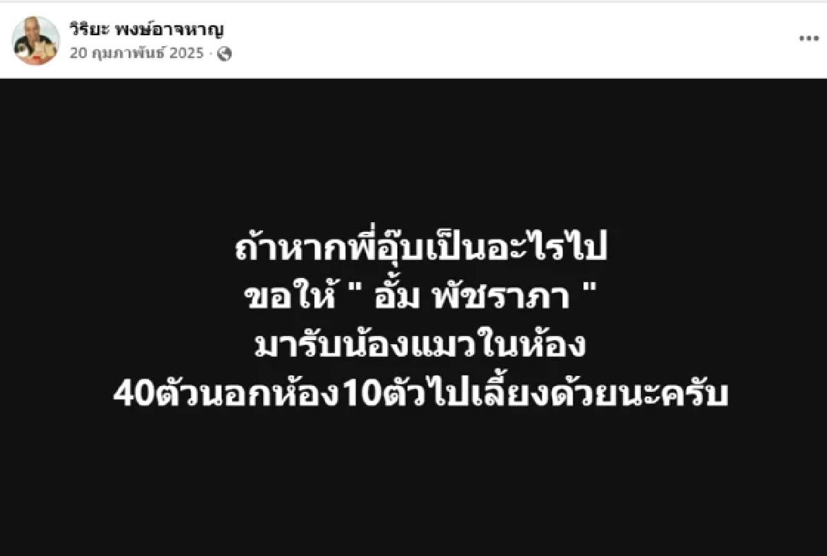 "อั้ม พัชราภา" ตอบดราม่า "อุ๊บ วิริยะ" สั่งเสียให้รับเลี้ยงแมว 50 ตัว
