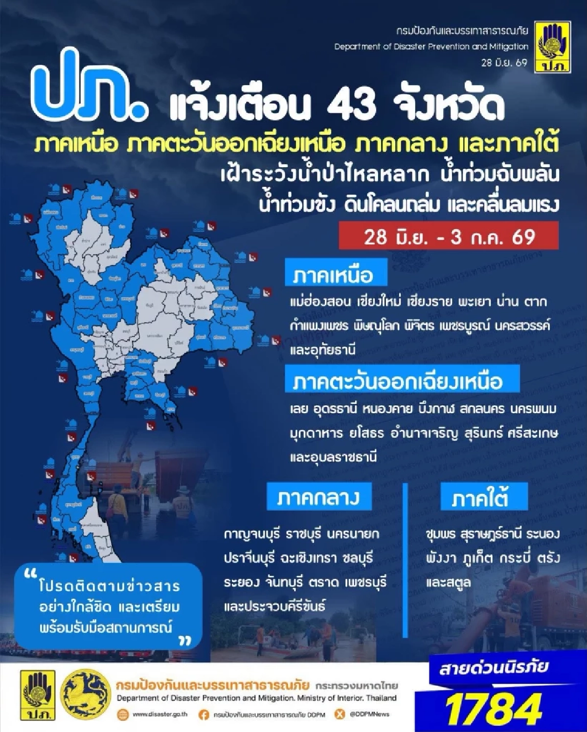 ปภ. แจ้งเตือน 43 จังหวัด เฝ้าระวังน้ำท่วมฉับพลัน 28 มิ.ย.-3 ก.ค. 69