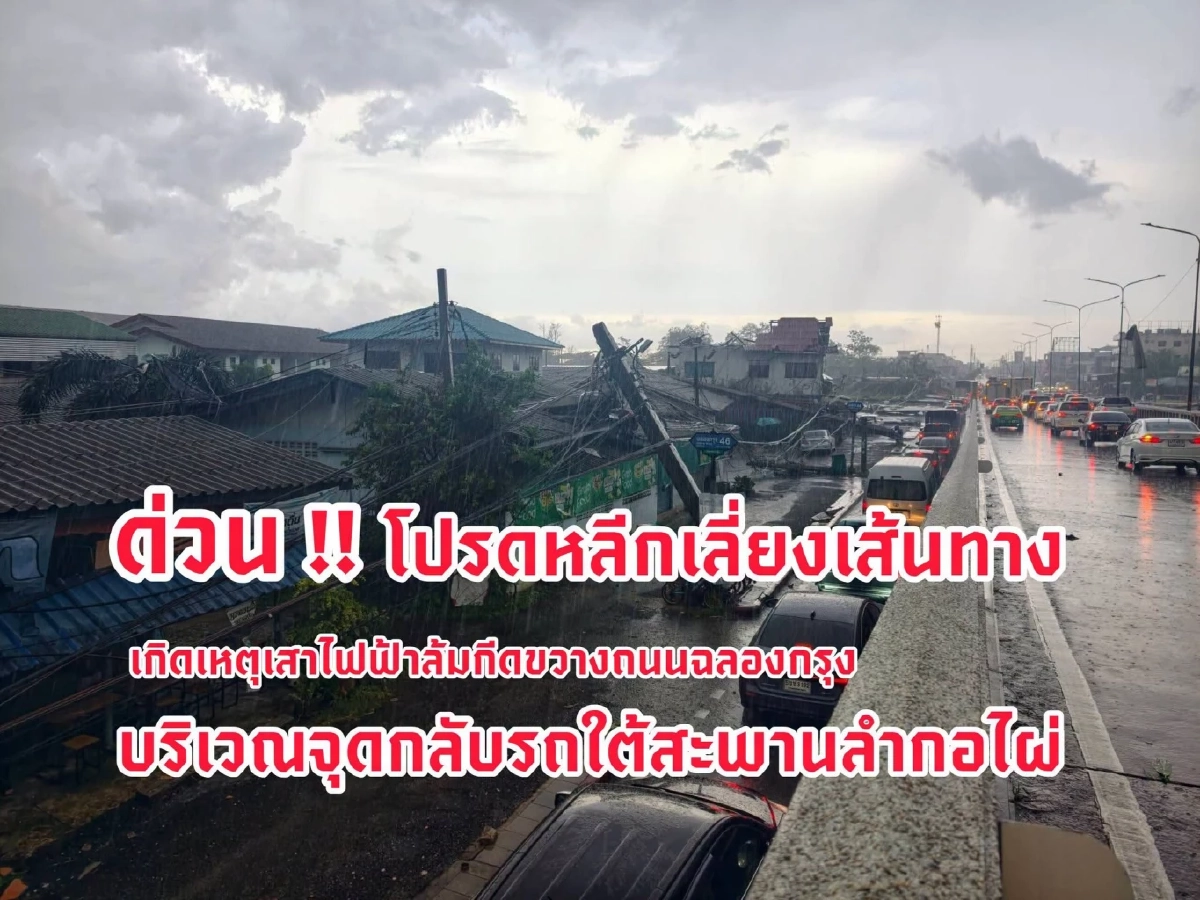 เสาไฟฟ้าล้มทับรถยนต์ ย่านฉลองกรุง จนท.เร่งช่วยเหลือคนเจ็บ