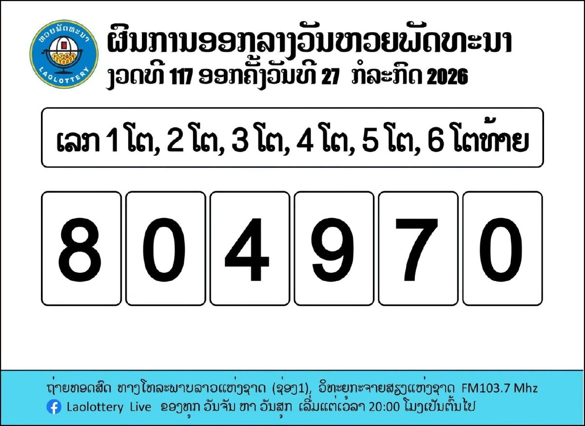 ตรวจหวยลาววันนี้ ล่าสุด 27/07/69 หวยลาววันนี้ หวยลาว 27 ก.ค. 2569
