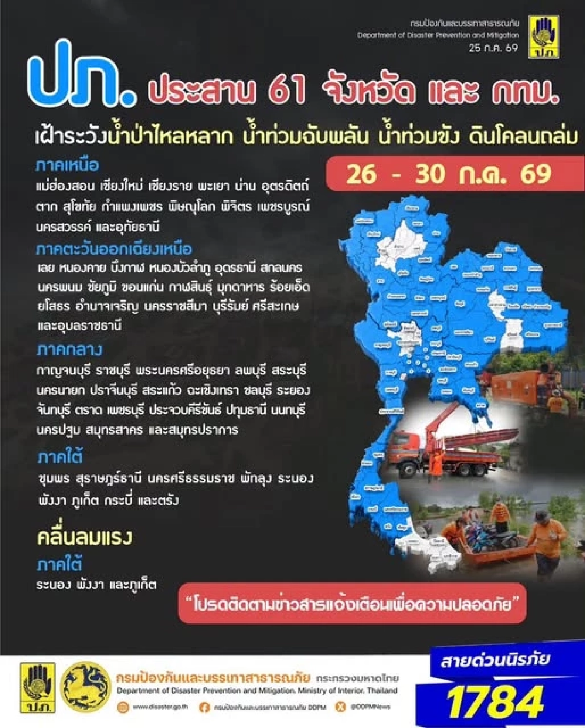 ปภ. แจ้งเตือน 61 จังหวัด เฝ้าระวังน้ำท่วมฉับพลัน ช่วง 26-30 ก.ค. 69