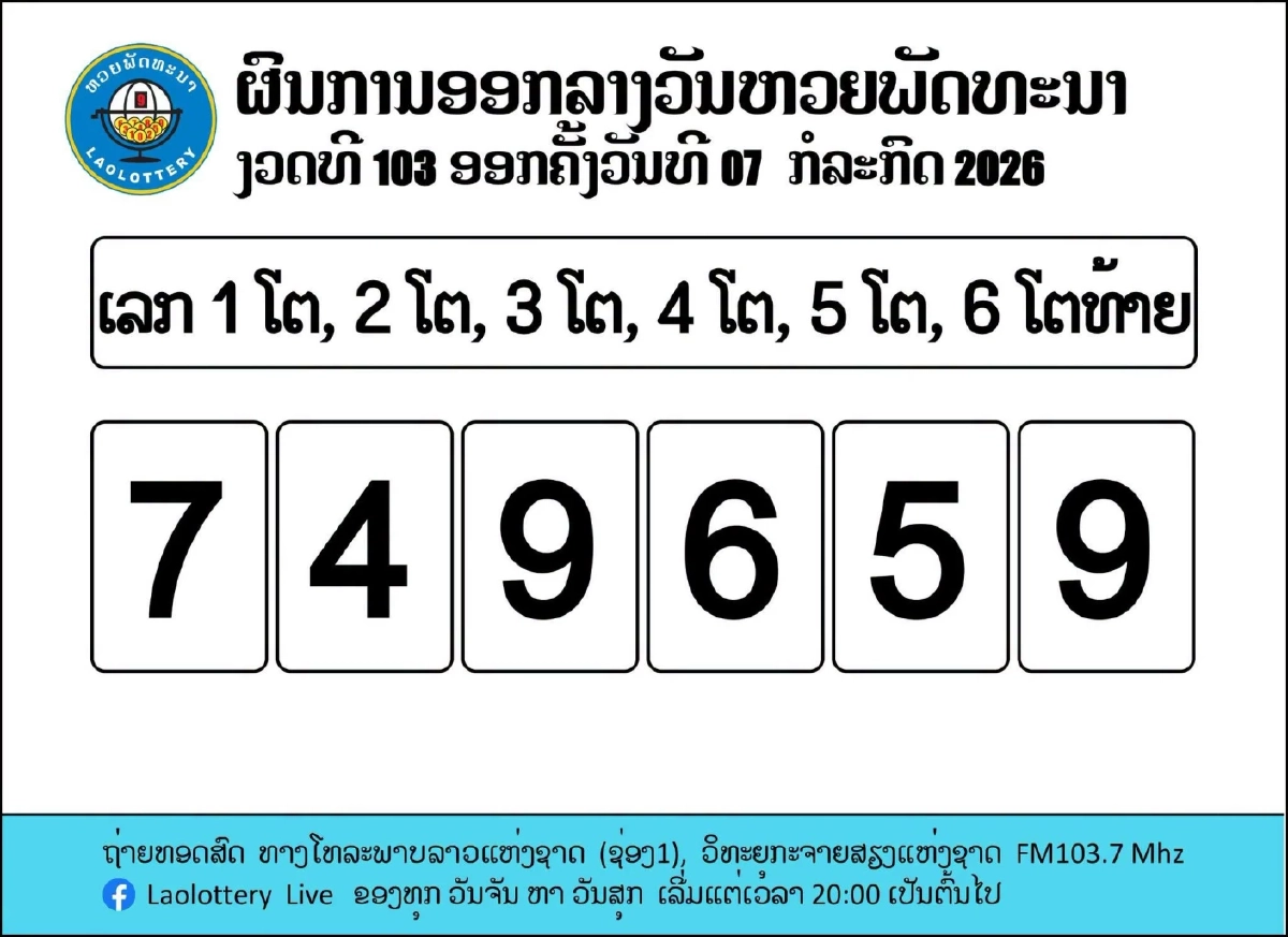 ตรวจหวยลาววันนี้ ล่าสุด 07/07/69 หวยลาววันนี้ หวยลาว 7 ก.ค. 2569