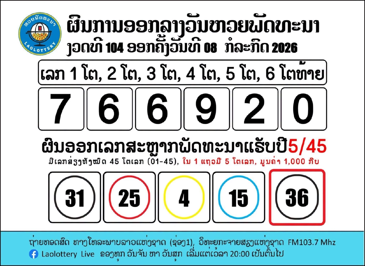หวยลาววันนี้ 08/07/69 ถ่ายทอดสดหวยลาว หวยลาวพัฒนา 08 กรกฎาคม 2569