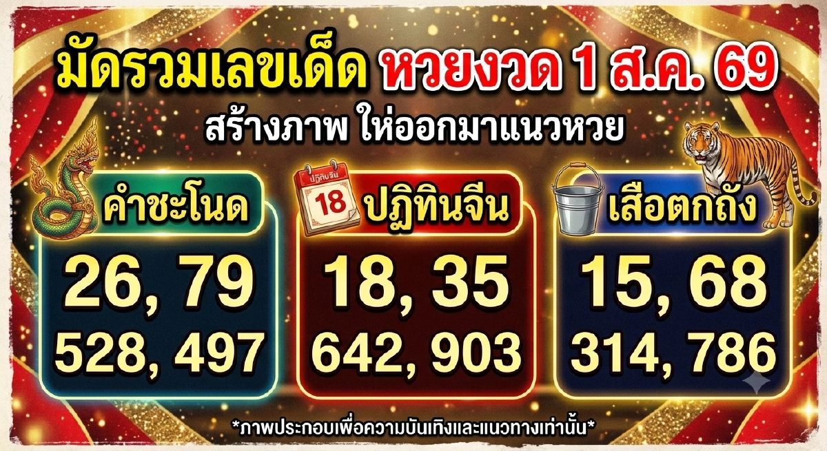 มัดรวมเลขเด็ดหวยงวด 1 ส.ค. 69 ‘คำชะโนด-เสือตกถัง-ปฏิทินจีน’