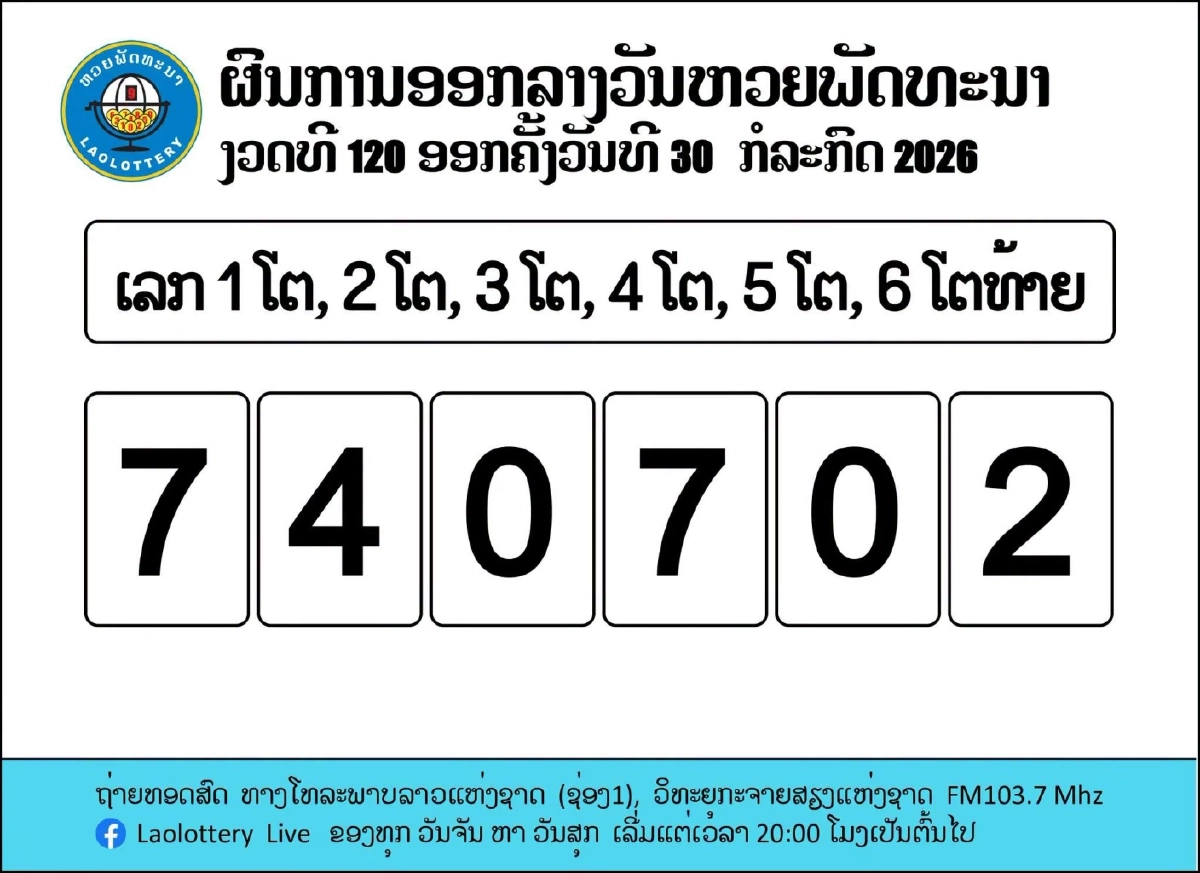 หวยลาววันนี้ 30/07/69 ถ่ายทอดสดหวยลาว หวยลาวพัฒนา 30 กรกฎาคม 2569