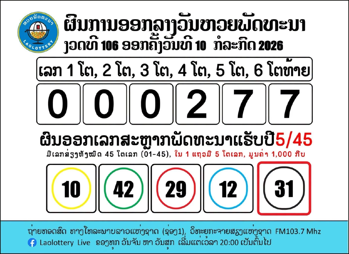 หวยลาววันนี้ 10/07/69 ถ่ายทอดสดหวยลาว หวยลาวพัฒนา 10 กรกฎาคม 2569