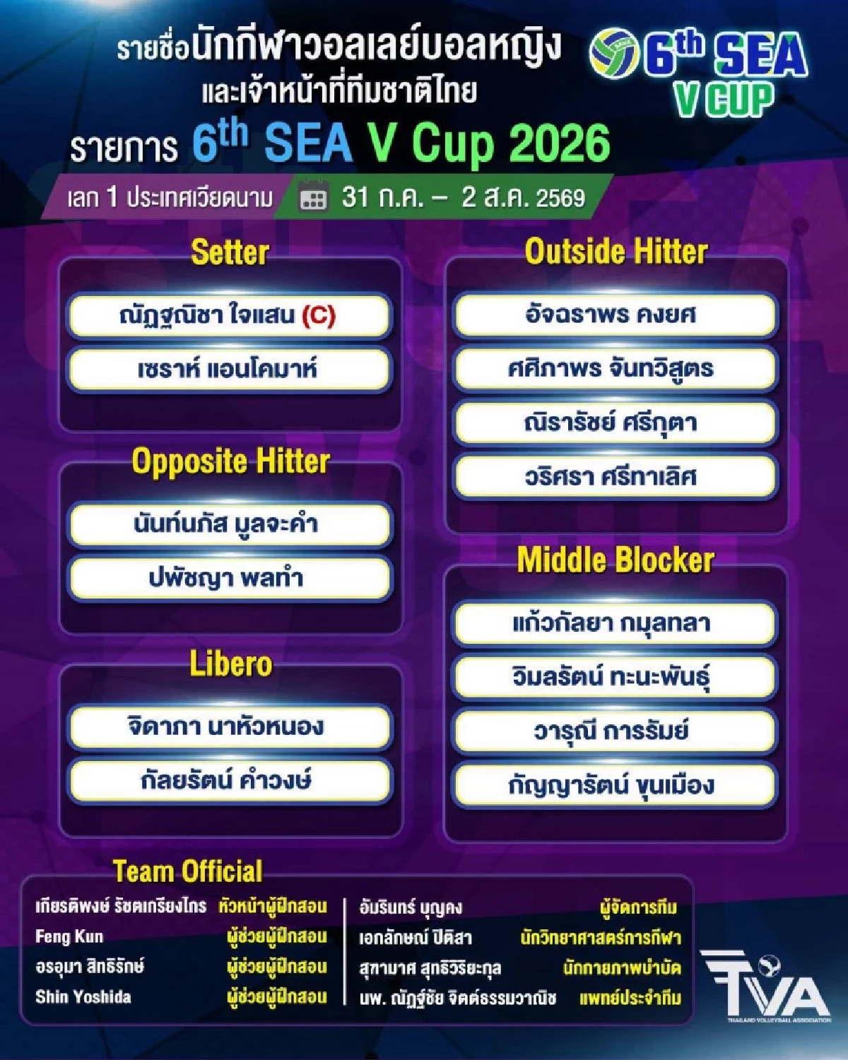 ทีมชาติไทย VS อินโดนีเซีย ลิงค์ดูสด วอลเลย์บอลหญิง SEA V Cup 2026 นัดแรก