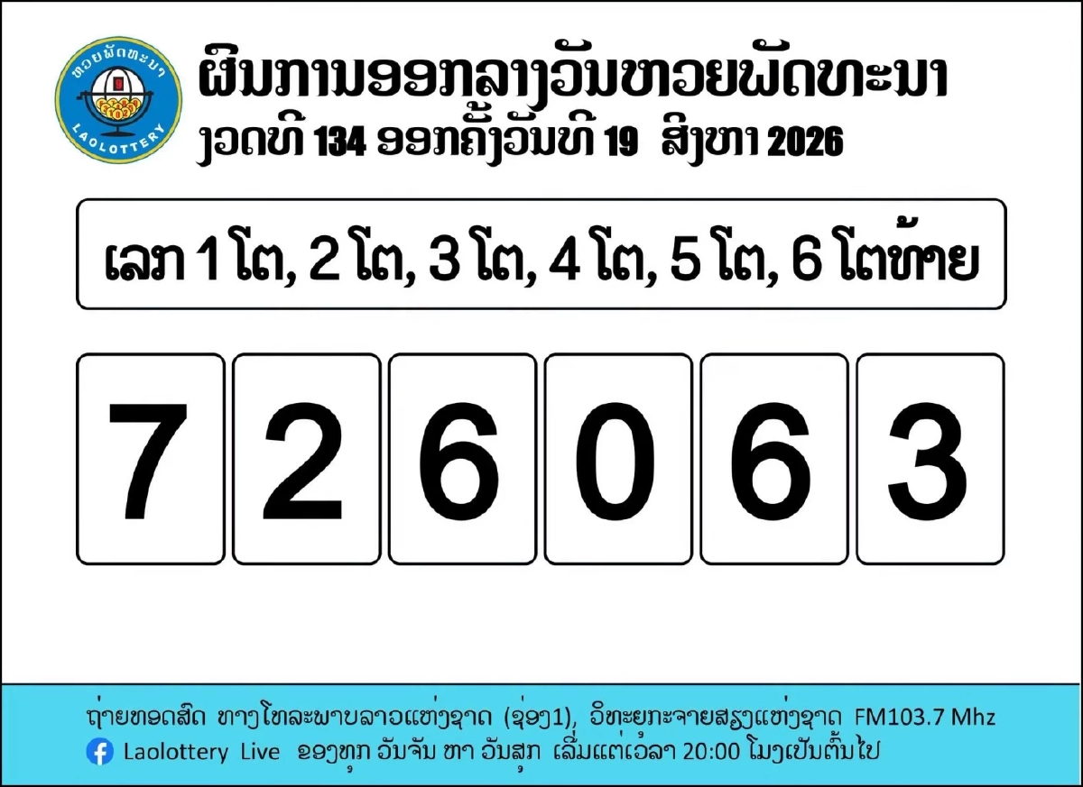 หวยลาววันนี้ 19/08/69 ถ่ายทอดสดหวยลาว หวยลาวพัฒนา 19 สิงหาคม 2569