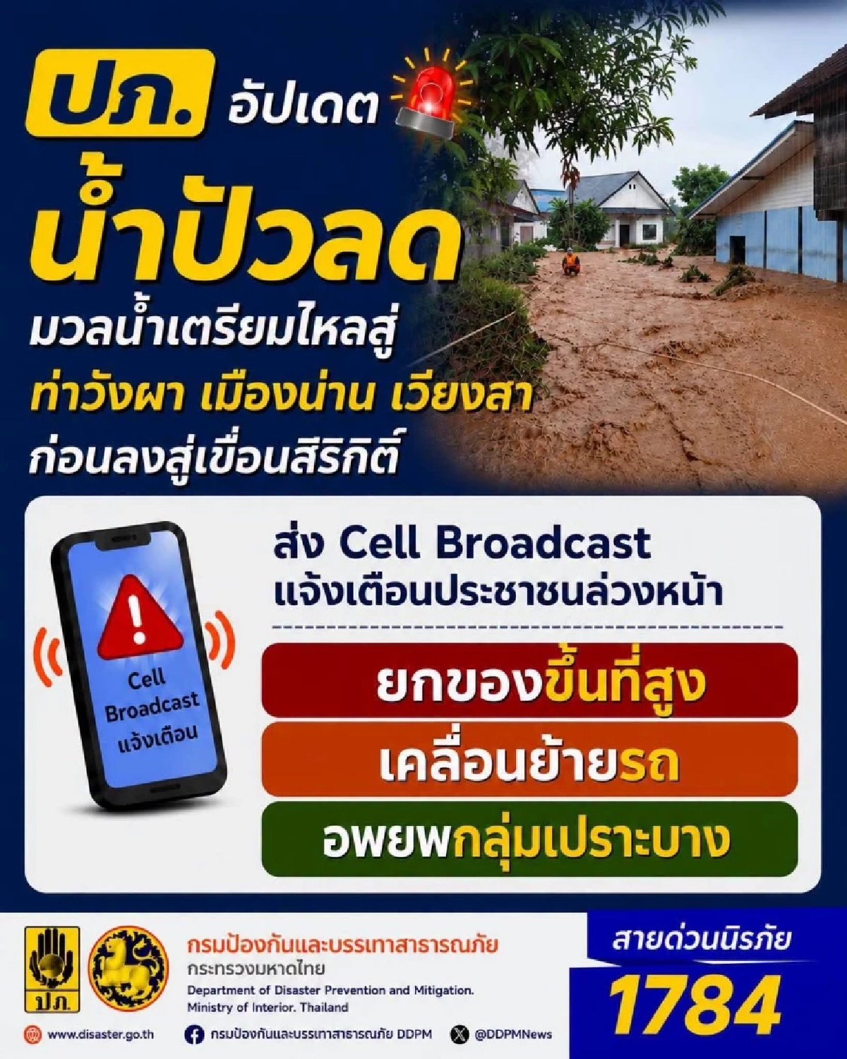 ด่วน! ปภ. ส่งแจ้ง Cell Broadcast เตือนภัยน้ำน่าน