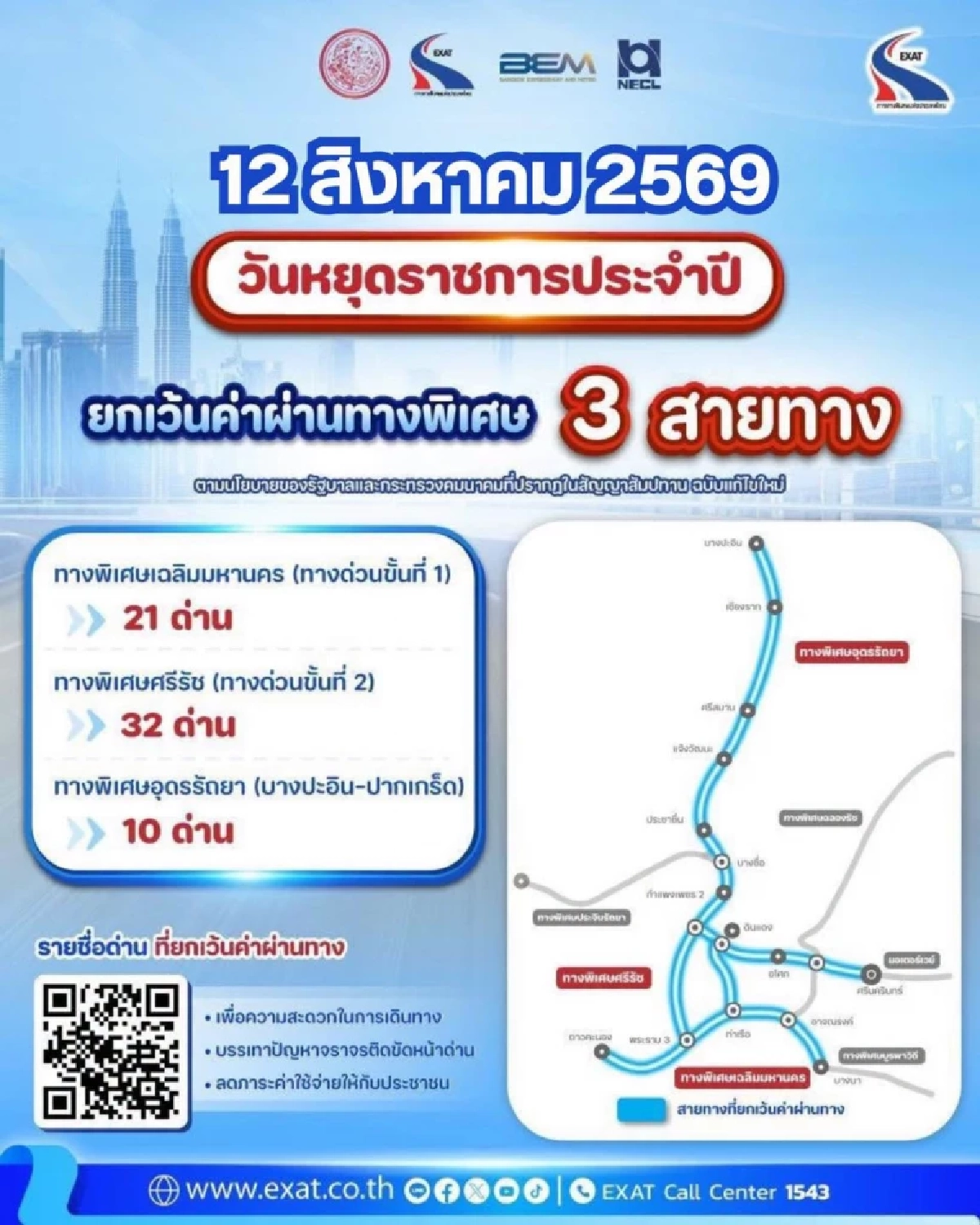 "ทางด่วนฟรี" 12 ส.ค. 2569 ขึ้นทางด่วนฟรี 3 เส้นทาง "วันแม่แห่งชาติ"