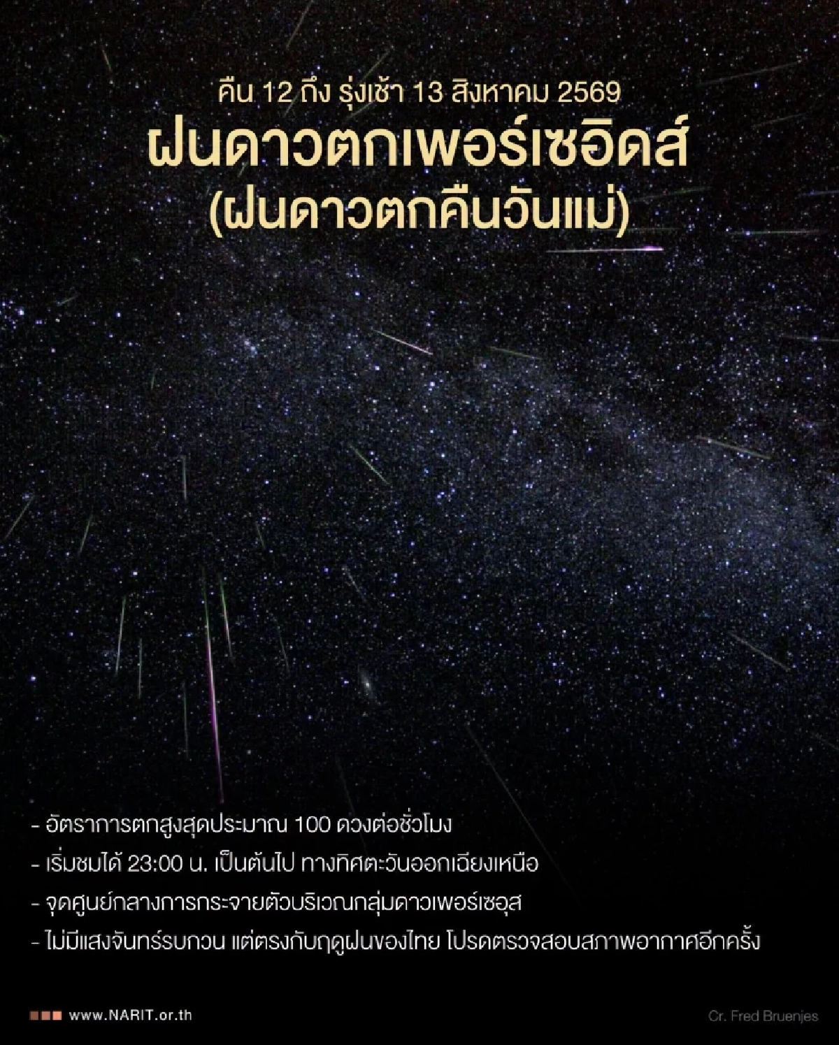 NARIT ชวนลุ้นชม ปรากฏการณ์ "ฝนดาวตกเพอร์เซอิดส์" คืนวันแม่ 12 ส.ค. 69
