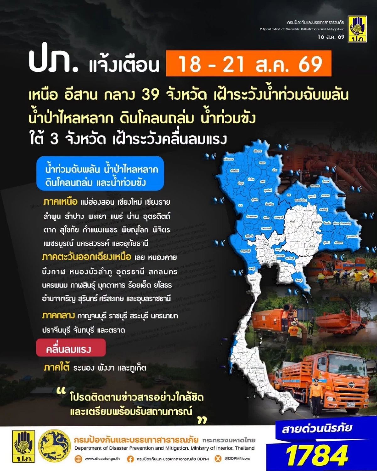 ปภ. แจ้งเตือน 39 จังหวัด เฝ้าระวังน้ำท่วมฉับพลัน ช่วง 18-21 ส.ค. 69