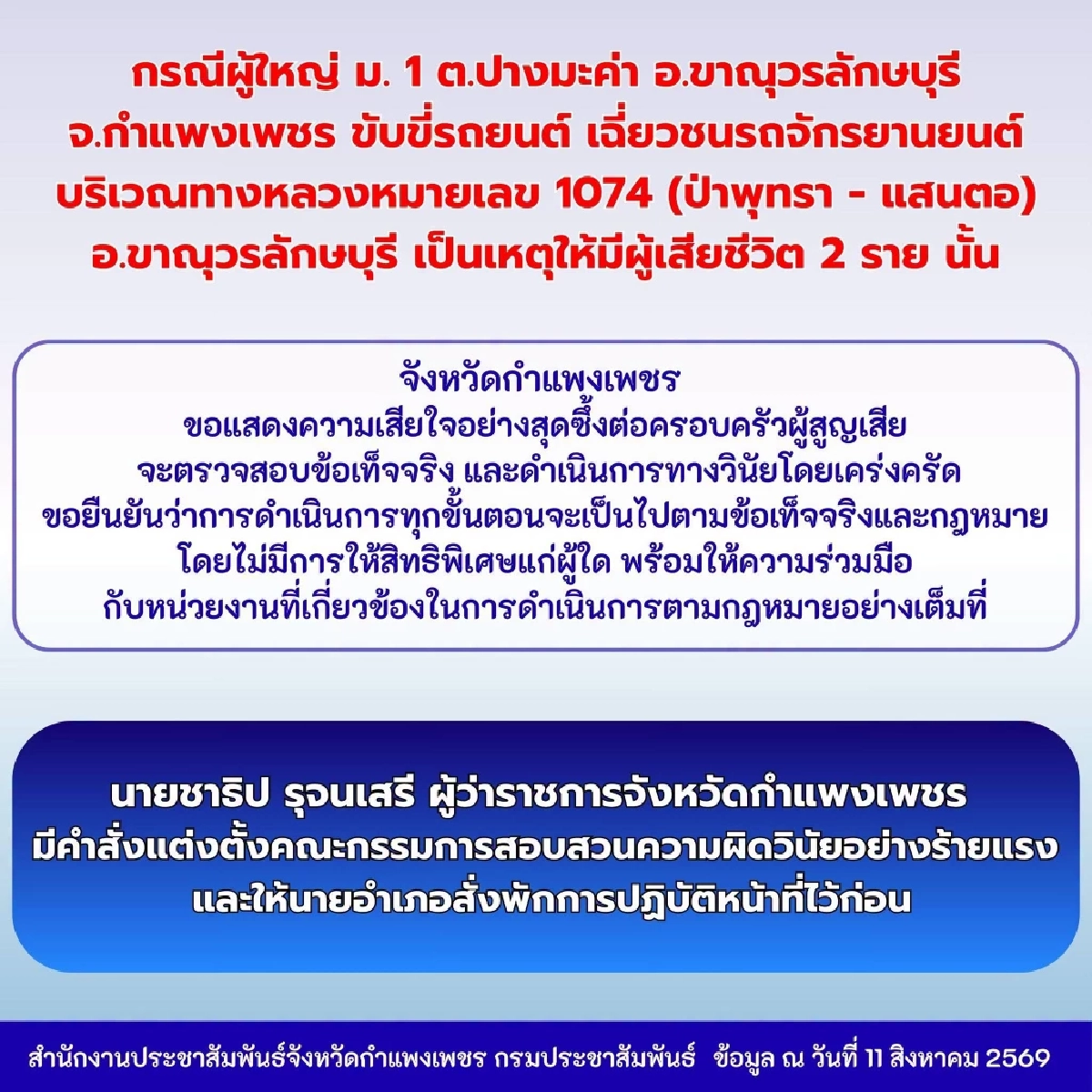 ผู้ว่าฯ กำแพงเพชร สั่งสอบวินัยร้ายแรง ผู้ใหญ่บ้าน ชนนักเรียน ดับ 2 ราย