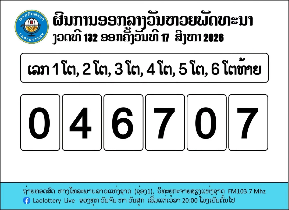 ตรวจหวยลาววันนี้ ล่าสุด 17/08/69 หวยลาววันนี้ ผลหวยลาว 17 ส.ค. 2569