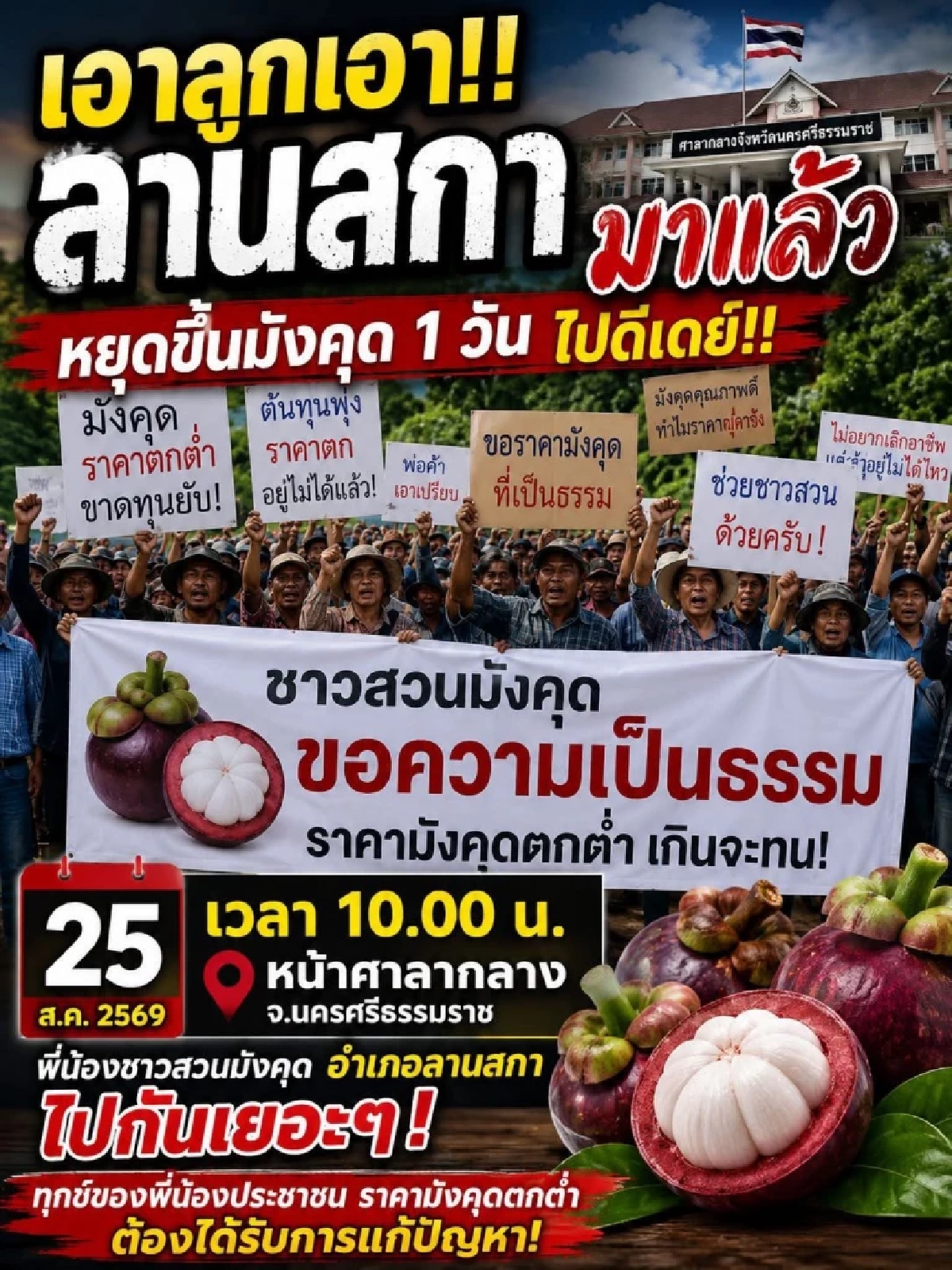 'นครศรีฯ'เตรียมเดือด! คนลานสการวมพล 25 ส.ค. จี้รัฐเร่งแก้ 'ราคามังคุดตกต่ำ'