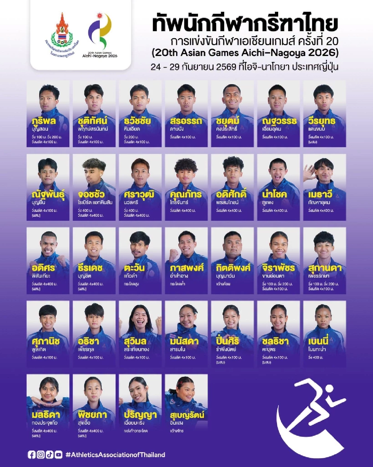 เช็กตารางแข่งขัน ถ่ายทอดสด ทัพนักกีฬากรีฑาไทย เอเชียนเกมส์ 2026