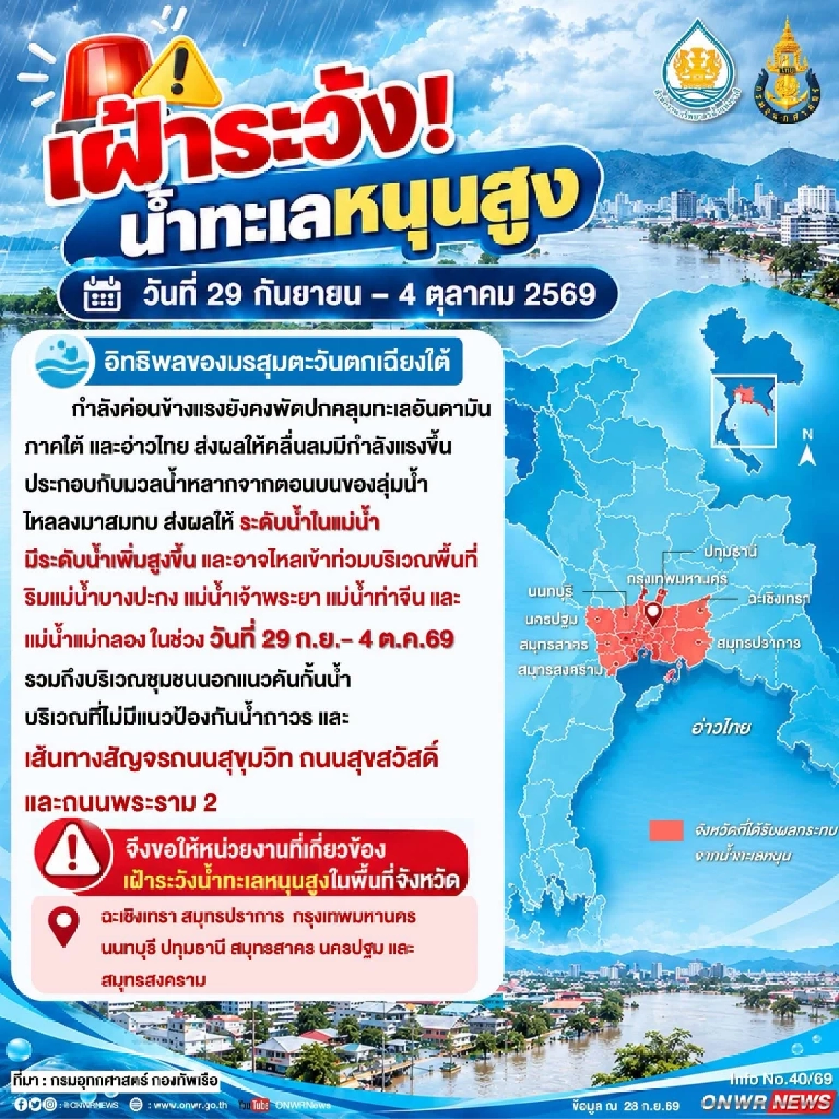 สทนช. เตือน 8 จังหวัด เฝ้าระวัง น้ำทะเลหนุนสูง ช่วง 29 ก.ย. - 4 ก.ย. 69