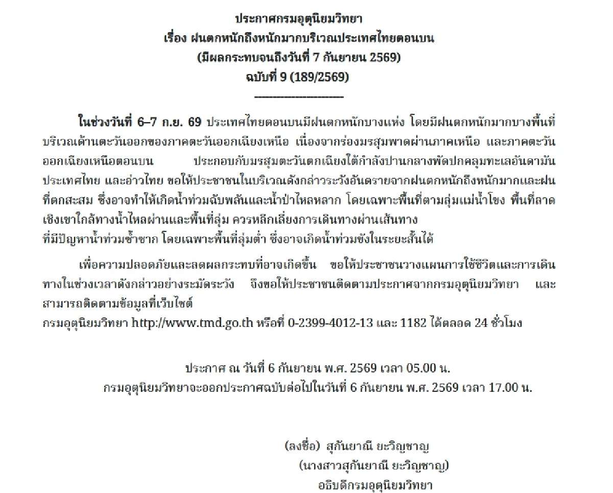 เตือน! "สภาพอากาศ" 6 - 7 ก.ย. 69 "กรมอุตุฯ" เช็ก 26 จังหวัดฝนตกหนัก เจอมรสุมระวัง