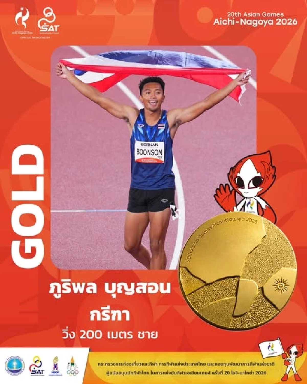 กระหึ่ม! "บิว ภูริพล" คว้าเหรียญทอง วิ่ง 200 เมตรชาย เอเชียนเกมส์ 2026