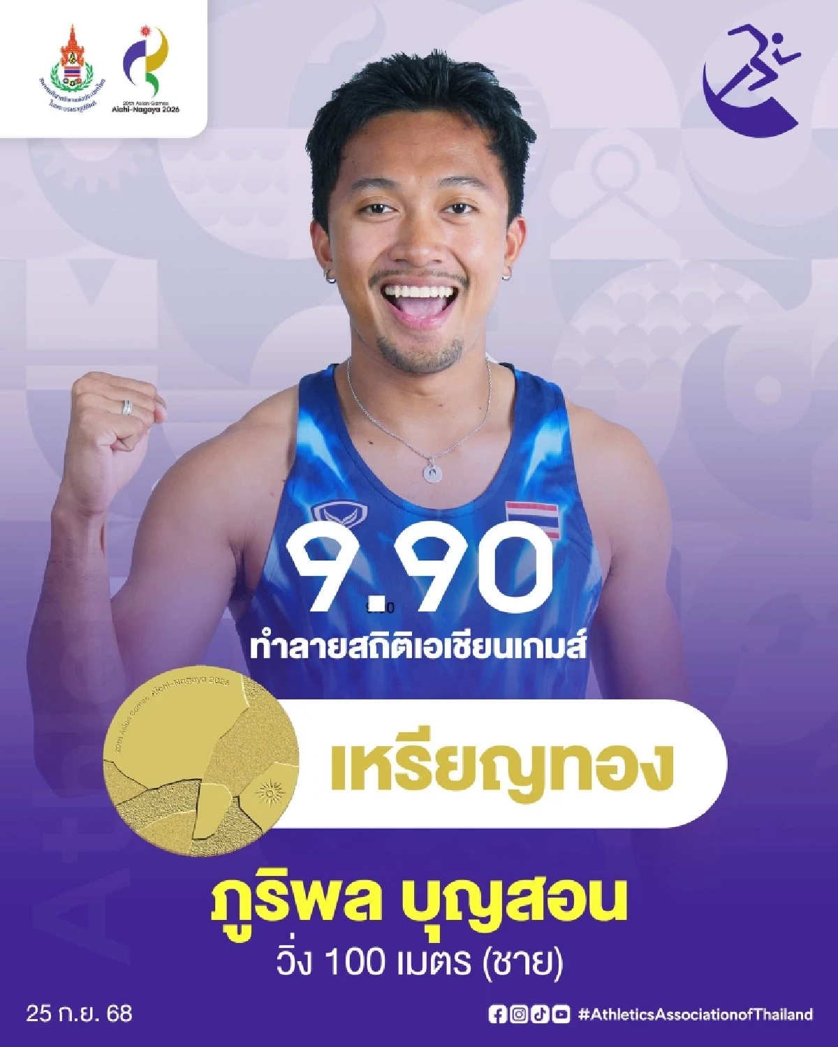 "บิว ภูริพล" คว้าเหรียญทอง วิ่ง 100 เมตรชาย เอเชียนเกมส์ 2026