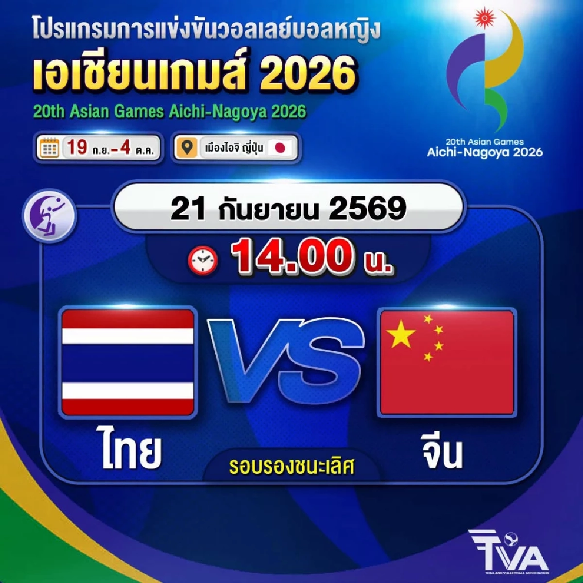 "ทีมชาติไทย พบ จีน" ถ่ายทอดสด วอลเลย์บอลหญิง รอบ 4 ทีม เอเชียนเกมส์ 2026